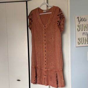 raya sun Rust Embroidered Button-Front Midi Dress